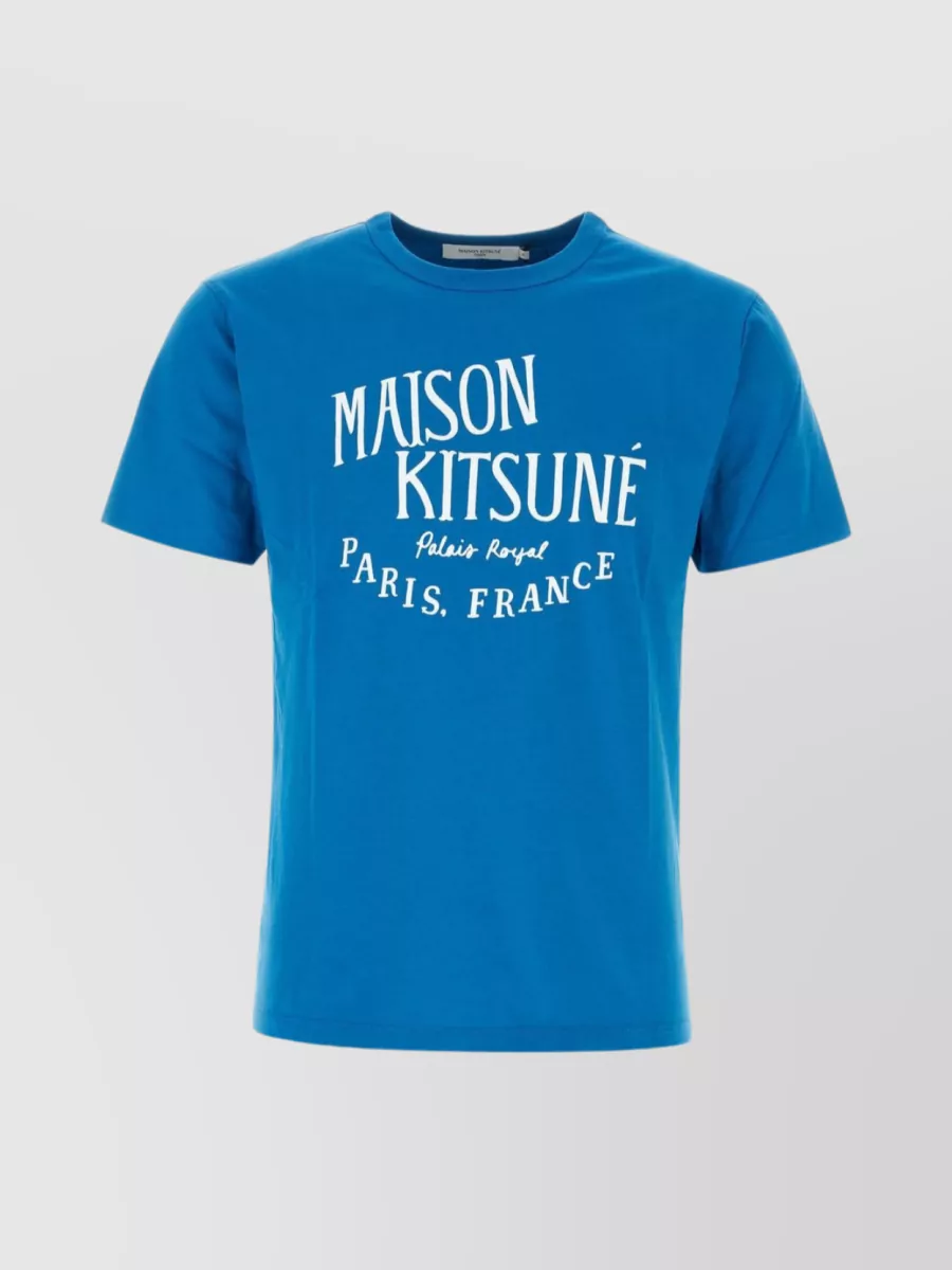 Shop Maison Kitsuné Ribbed Crew-neck Cotton T-shirt With Graphic Print In Blue