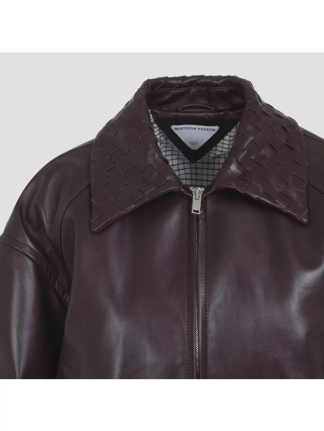 Bottega Veneta Leather Jacket Featuring Intrecciato Collar In Brown