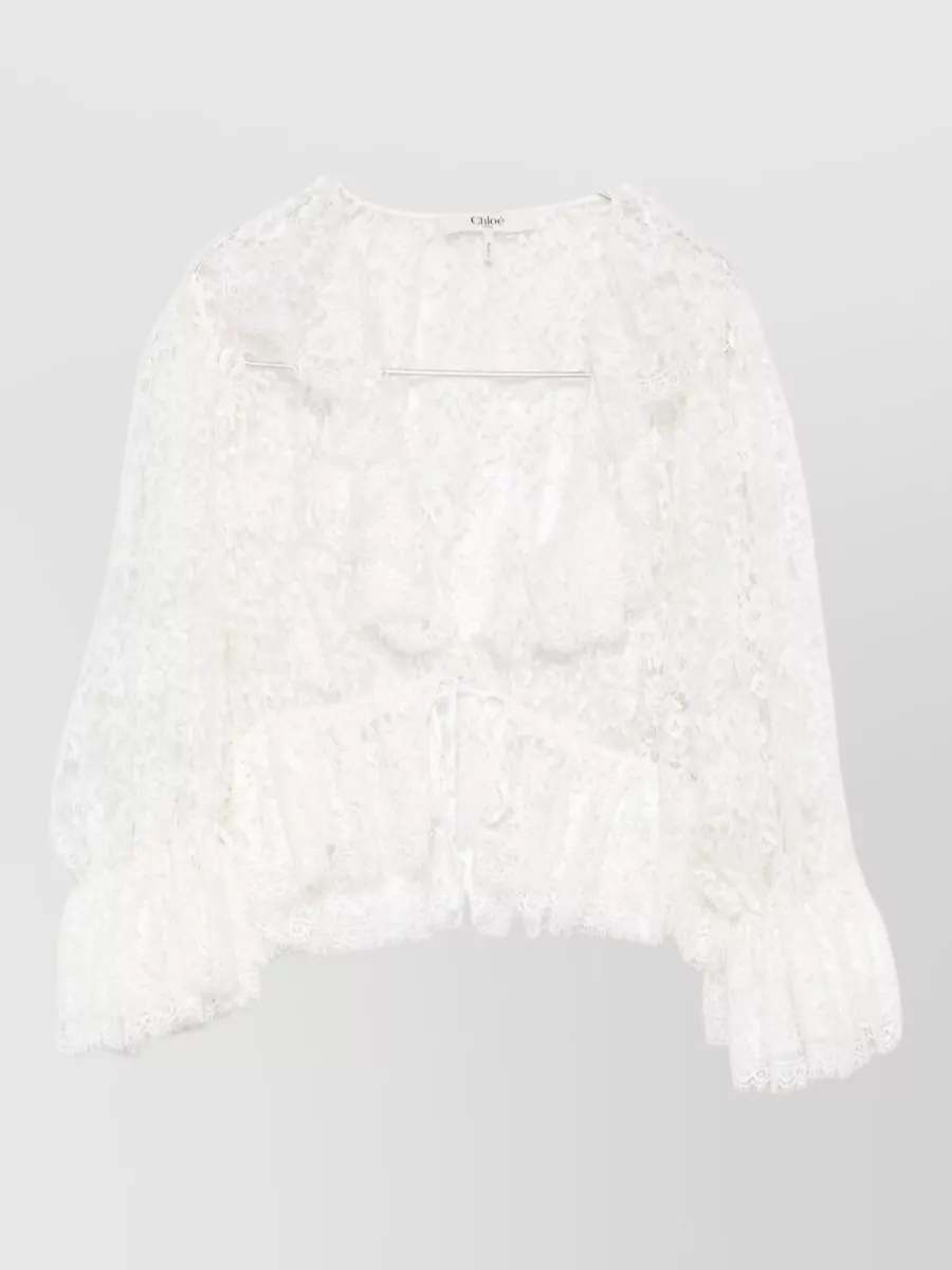 Chloé Silk V-Neck Cropped Puff-Sleeve Bodysuit