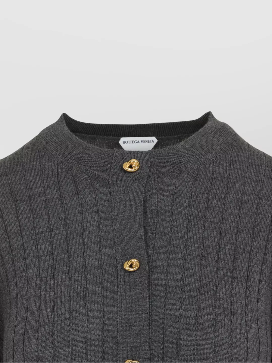 Bottega Veneta Grey Crewneck Cardigan With Knot Buttons Closure And Ribbed Knit In Wool Woman