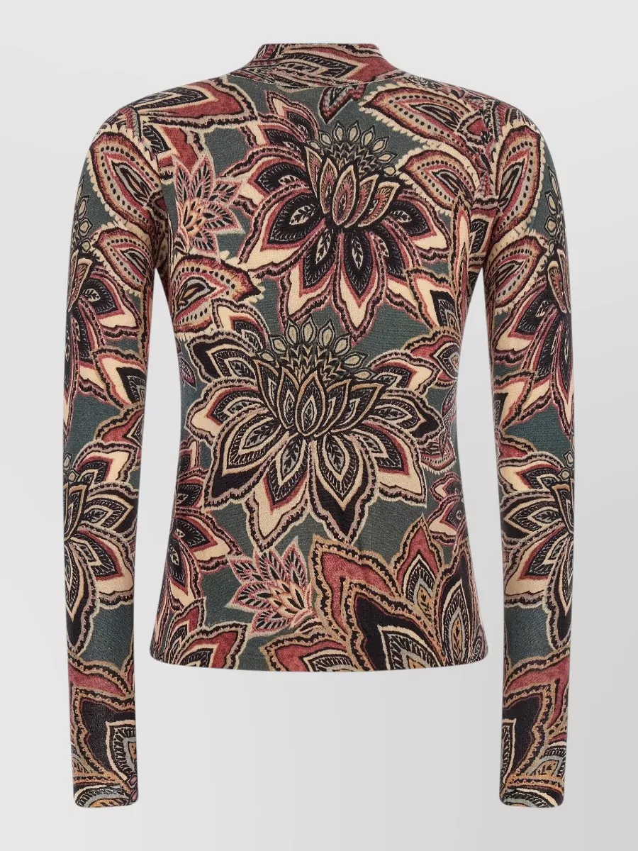 Farm Rio Wool Fine-Knit Floral-Print Mock-Neck Long-Sleeve Top