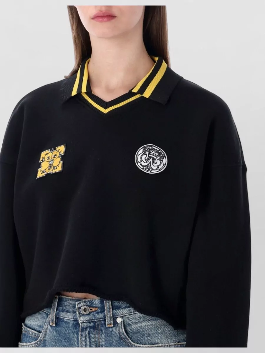Off-White Cotton Relaxed-Fit Cropped Polo Sweatshirt