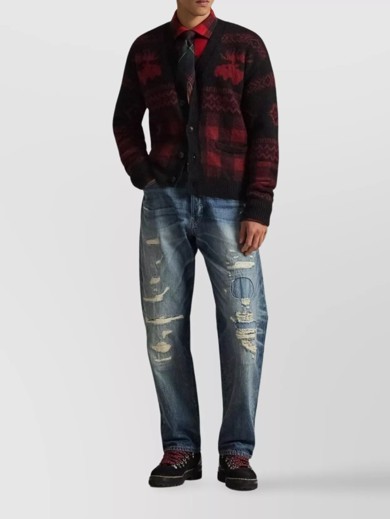 Ralph Lauren Checkered Cardigan With Moose Pattern And Pockets