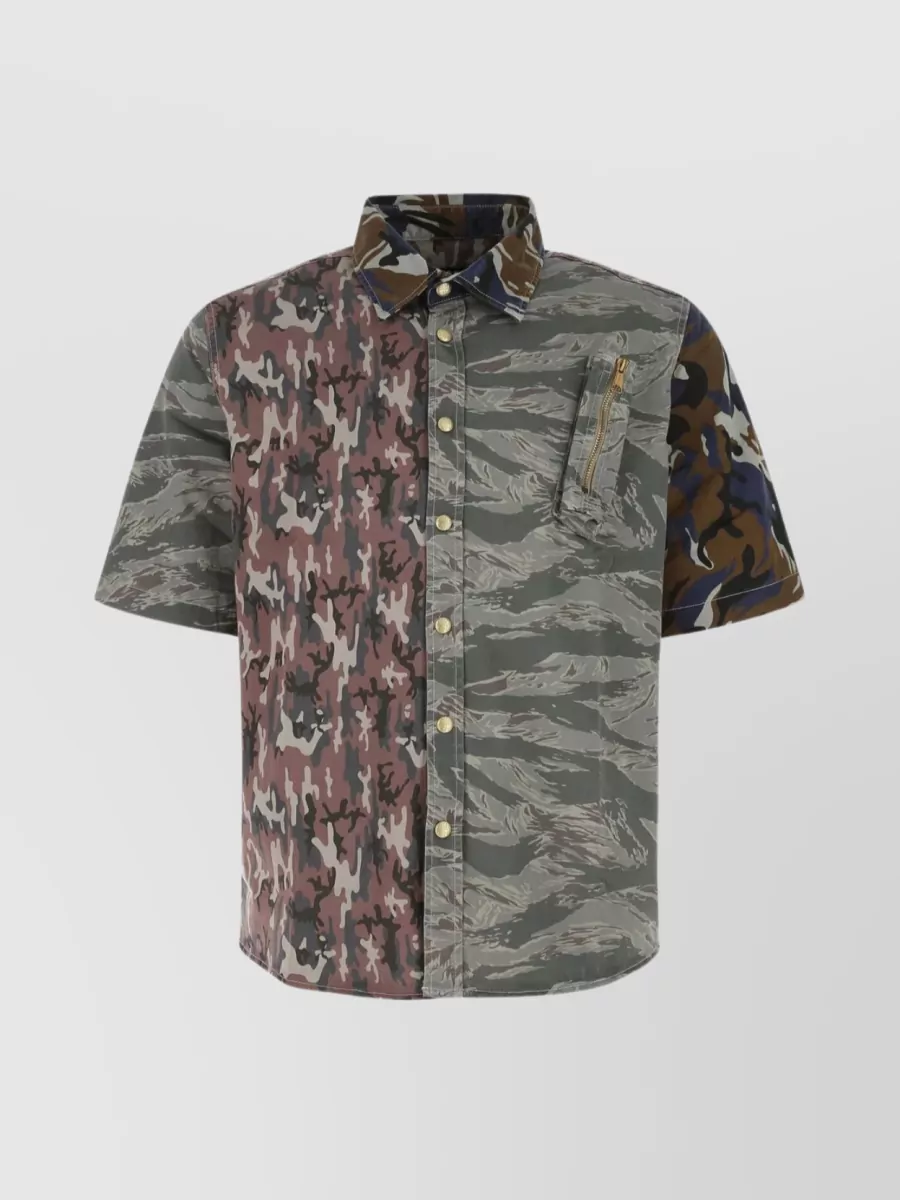 Shop Diesel Stretch Shirt With Patterned Chest Pocket In Grey