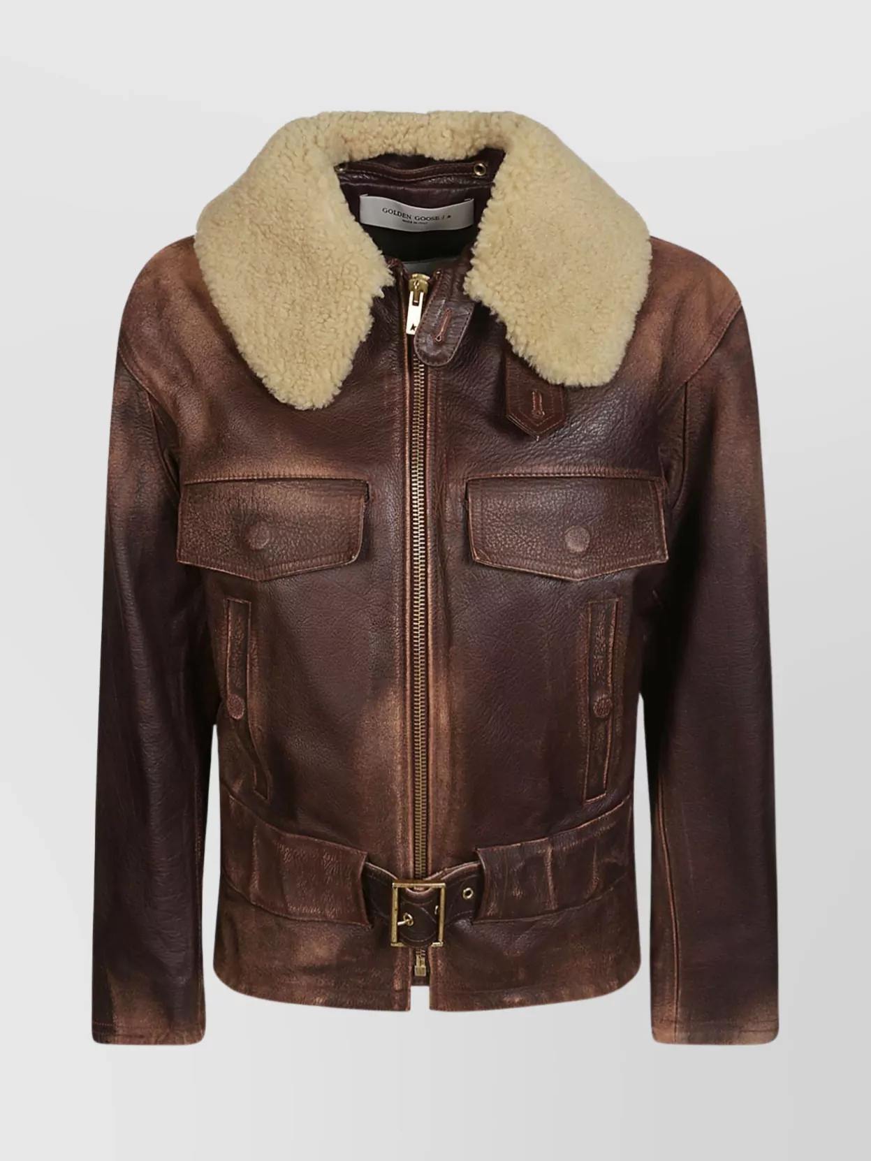 Shop Golden Goose Leather Belted Shearling Collar Jacket