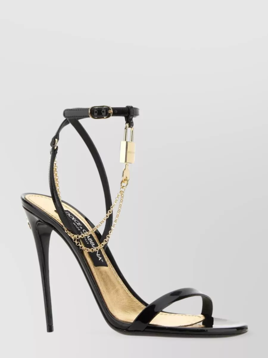 Shop Dolce & Gabbana Leather Sandals With Striking Heel And Chain Detail In Black
