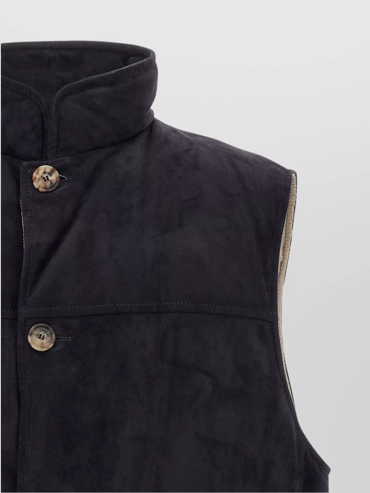 Brunello Cucinelli High Collar Sleeveless Suede Vest With Side Pockets