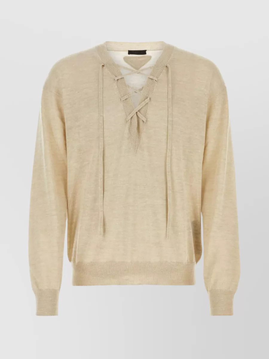 Shop Prada Lace-up Neckline Cashmere Blend Sweater In Cream