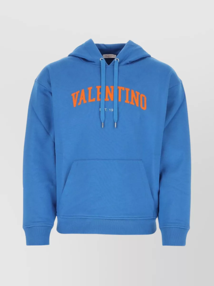 Shop Valentino Cotton Drawstring Hooded Sweatshirt In Blue