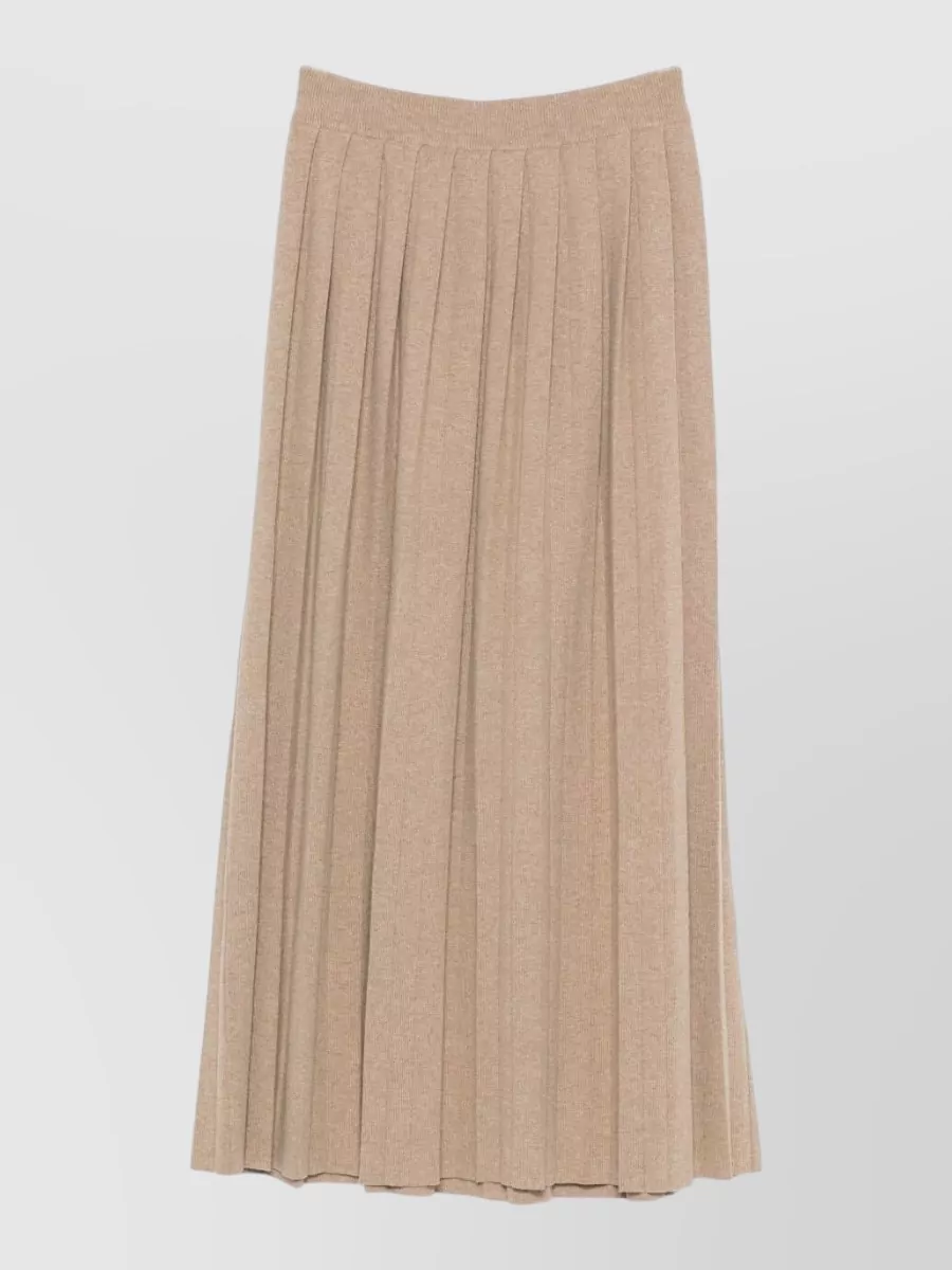 Lisa Yang Cashmere high-rise midi pleated skirt — The camel pleated midi keeps the same quiet-preppy language as the cardigan, balances the short sleeve with a longer line, and warms the blue knit with a classic neutral for desk-to-dinner polish.