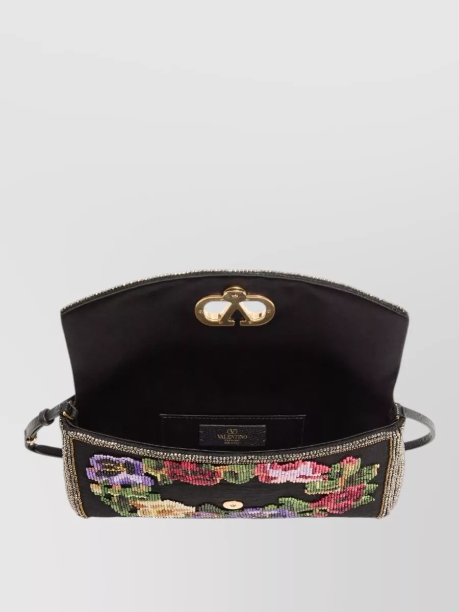 Valentino Garavani De Vain Small Linen Embroidered Shoulder Bag