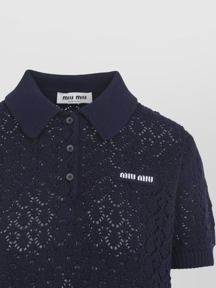 Miu Miu Openwork Lace-Knit Cotton Short-Sleeve Polo Shirt