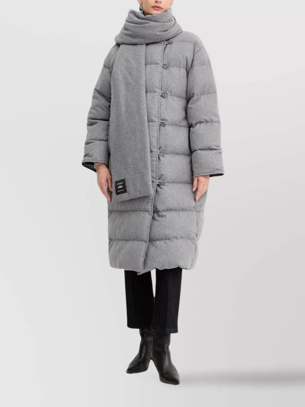 Hugo Boss Long Padded Quilted Coat With High Neck In Gray