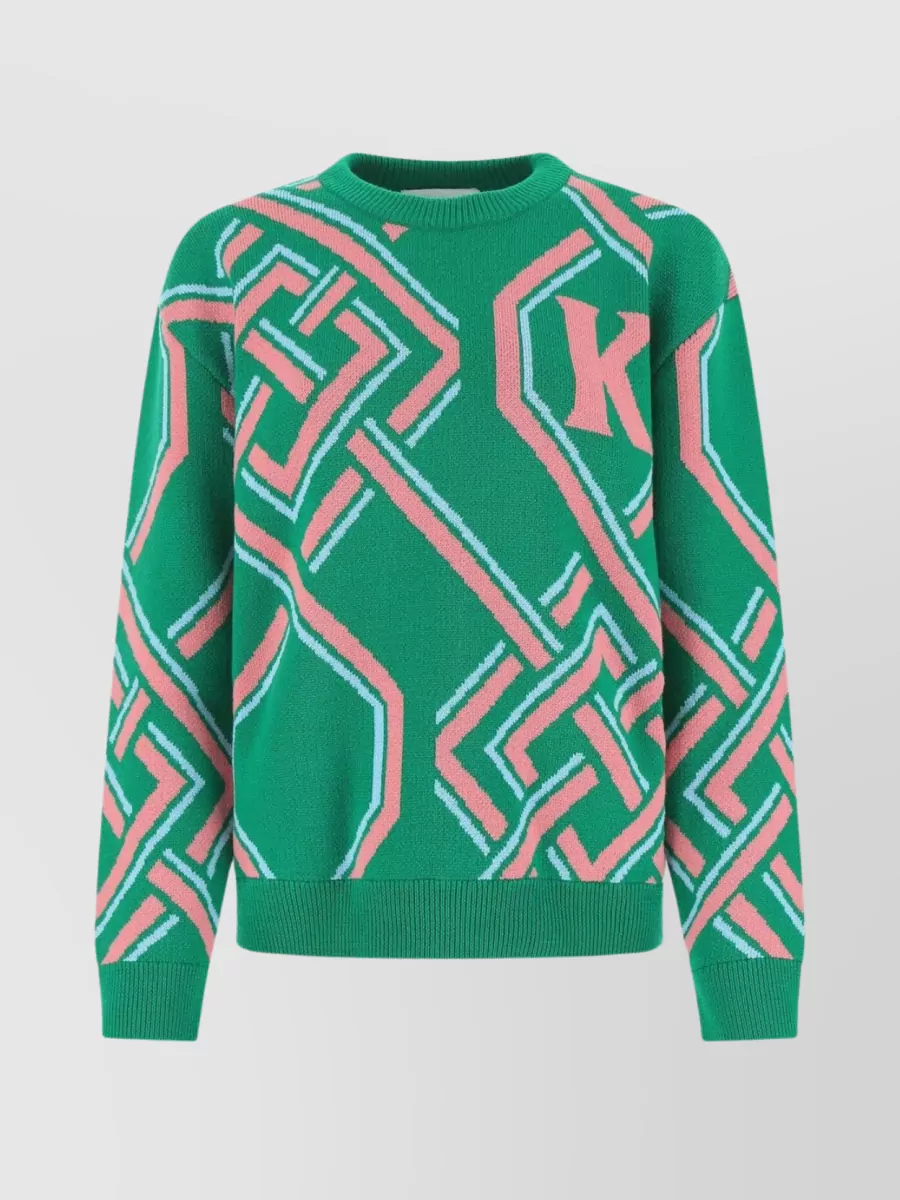 Shop Koché Geometric Embroidered Crew Neck Sweater In Green