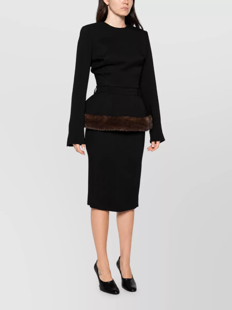 Stella Mccartney Viscose Belted Faux Fur Trim Peplum Midi Dress