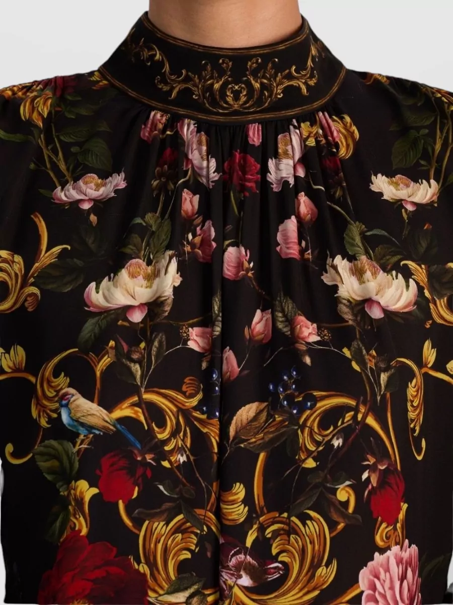 Alice + Olivia Floral-Print Mock-Neck Gathered Long-Sleeve Blouse