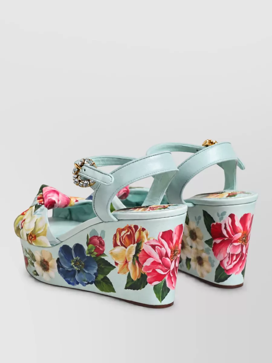 Dolce&Gabbana Leather Floral Ankle Strap Wedge Sandals