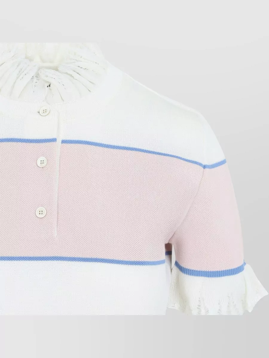 Alexander Mcqueen Striped Ruffled High-Neck Short-Sleeve Knitted Top