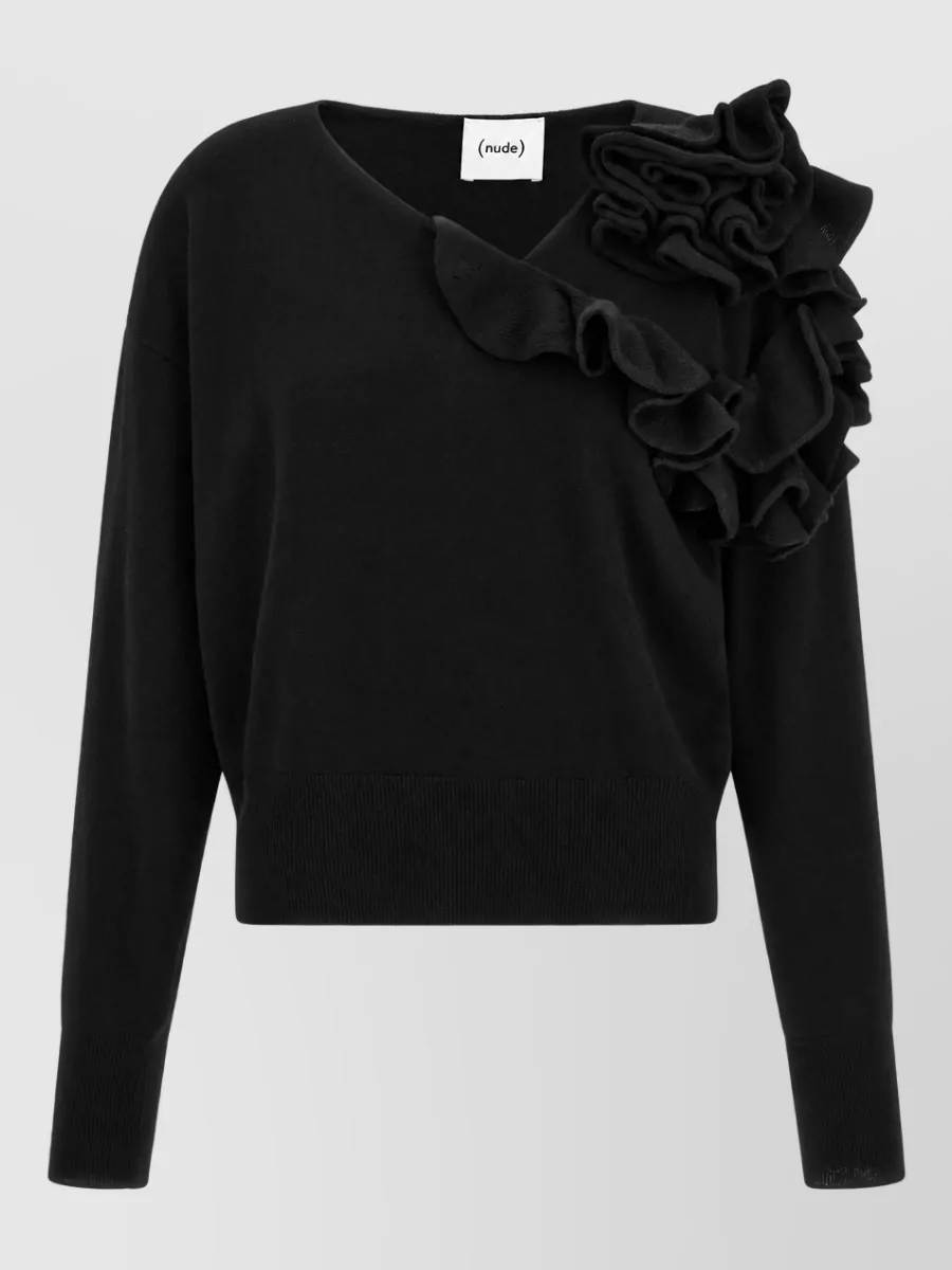 Nude cashmere wool asymmetric ruffled long-sleeve sweater