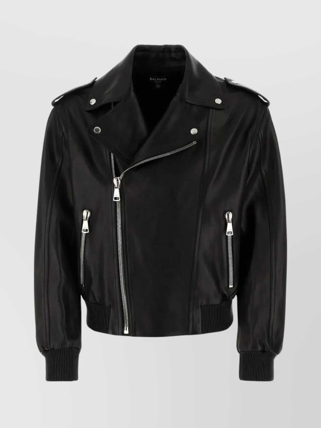 Shop Balmain Leather Bomber Jacket With Ribbed Cuffs And Hemline