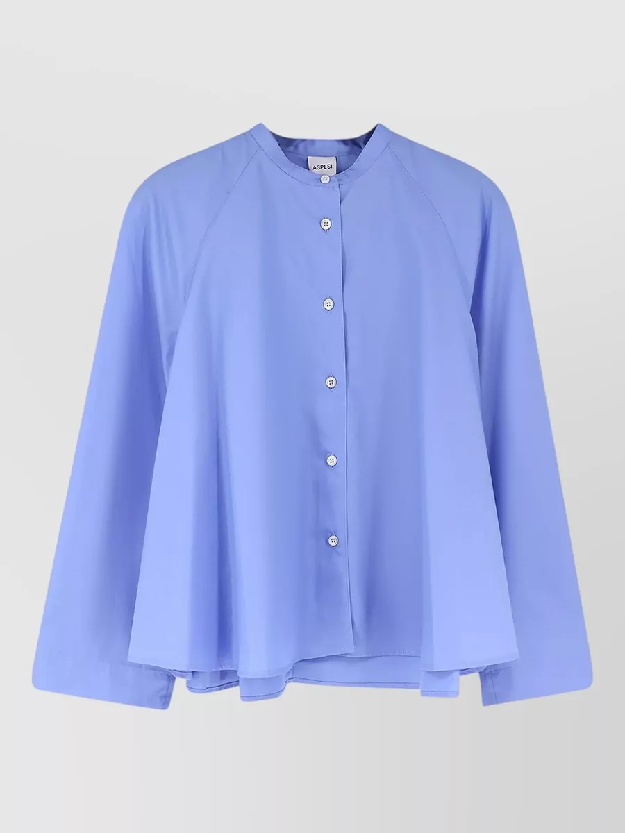 Aspesi Cropped Cotton Shirt Raglan Sleeves Crew Neck In Blue