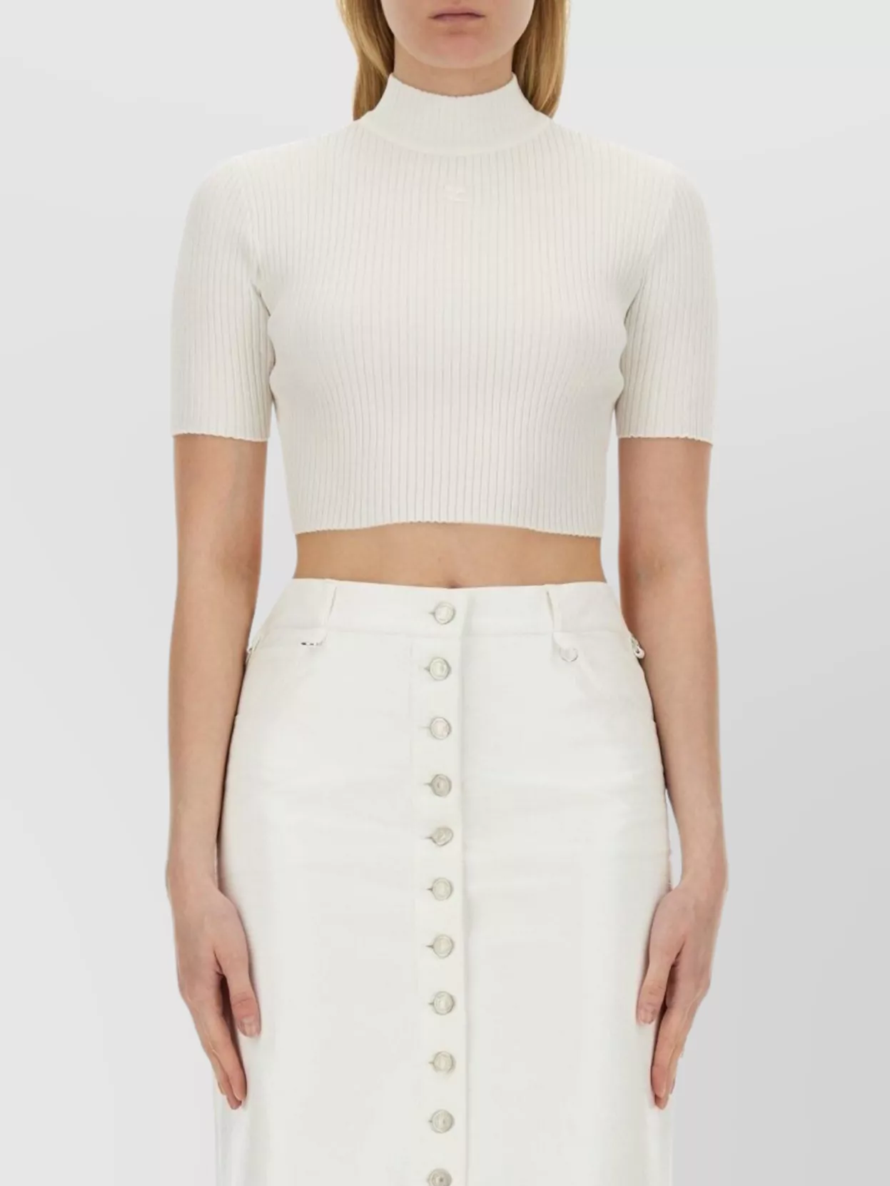 Courrèges Cropped High Neck Ribbed Short Sleeve Top