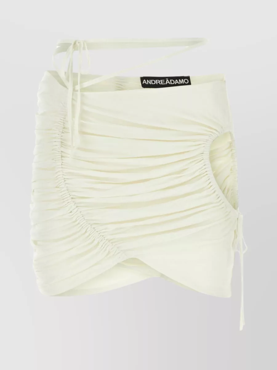 Shop Andreädamo Viscose Mini Skirt With Ruched Asymmetric Hem In Beige