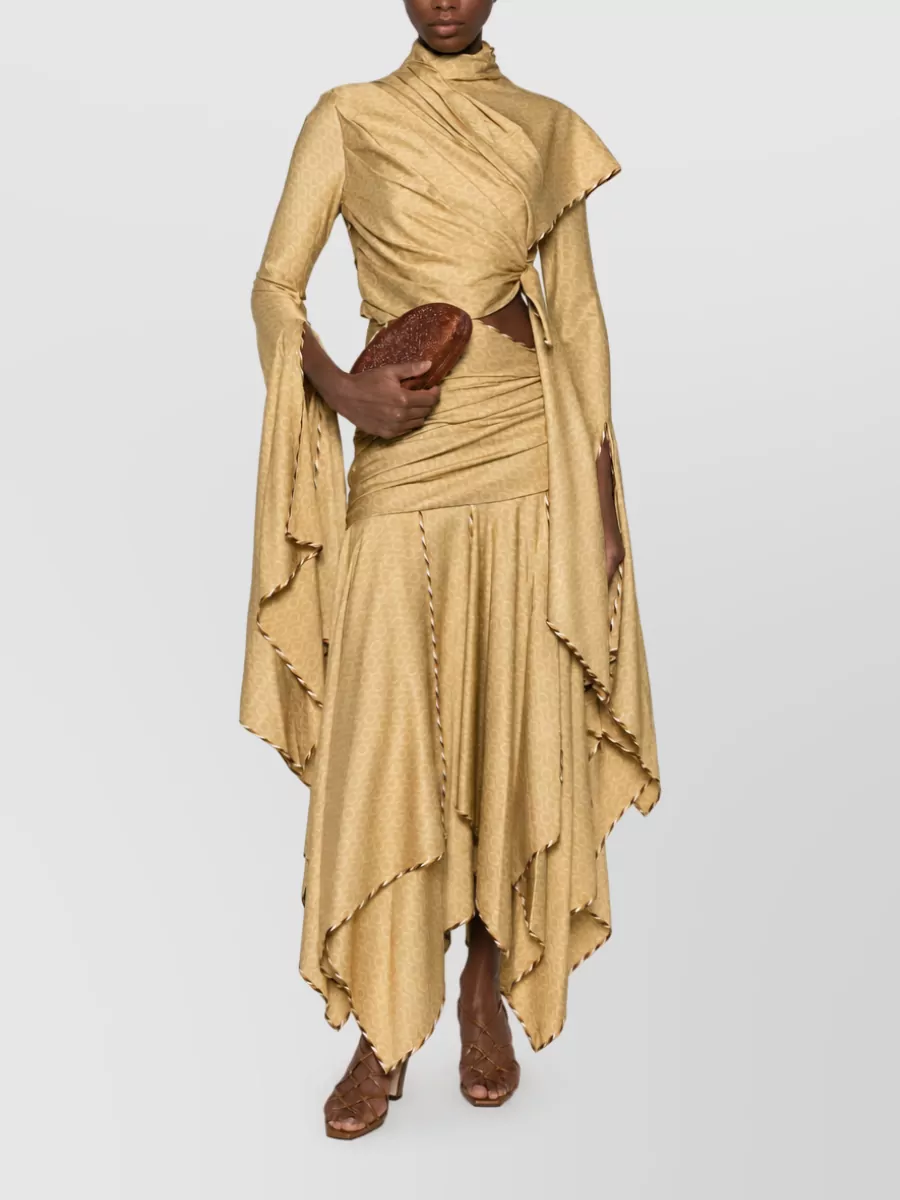 Zimmermann Silk Printed High-Neck Draped Asymmetric Cutout Ruched Long-Sleeve Midi Dress