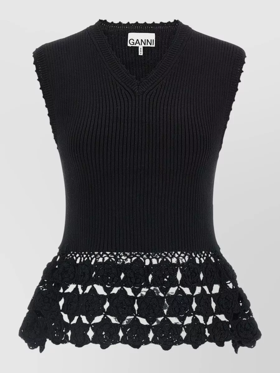 Ganni Cotton ribbed crochet v-neck sleeveless top