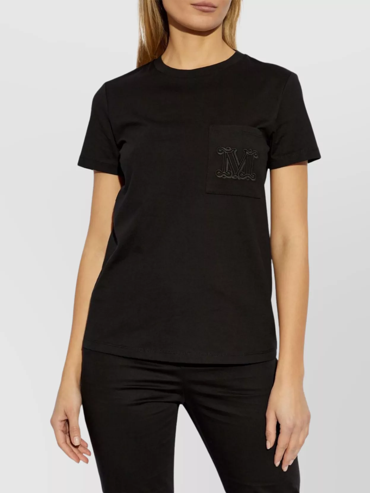 Max Mara Crew Neck Short Sleeve Top With Pocket In Black
