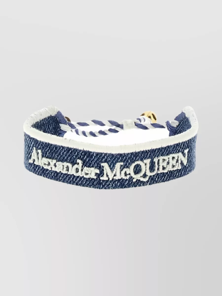 Shop Alexander Mcqueen Canvas Brass Skull Charm Embroidered Bracelet In Blue