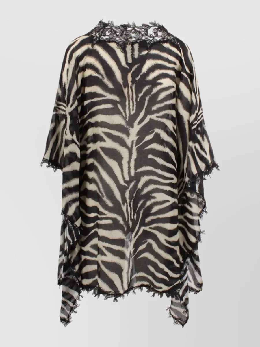 Ermanno Scervino Silk Zebra-Print Lace-Trim V-Neck Short-Sleeve Asymmetric-Hem Short Kaftan