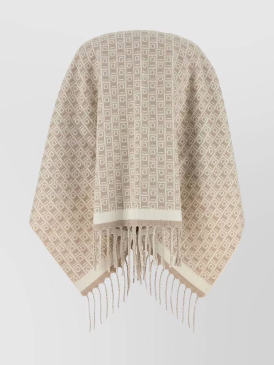 Ferragamo Wool Reversible Cape With Embroidered Geometric Pattern In Neutral