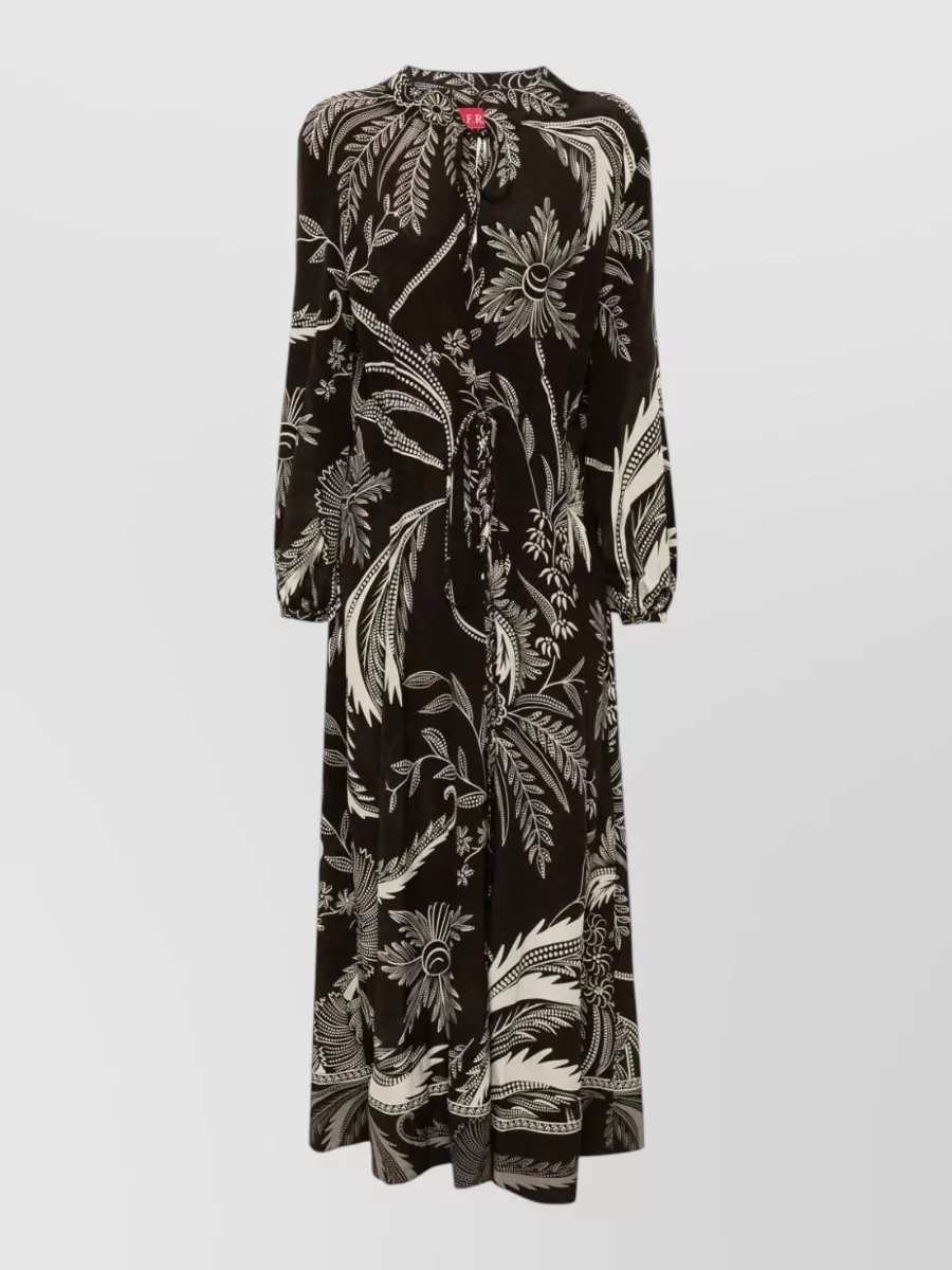 F.r.s For Restless Sleepers Silk Botanical-Print Crew-Neck Long-Sleeve Drawstring-Waist Flared Maxi Dress