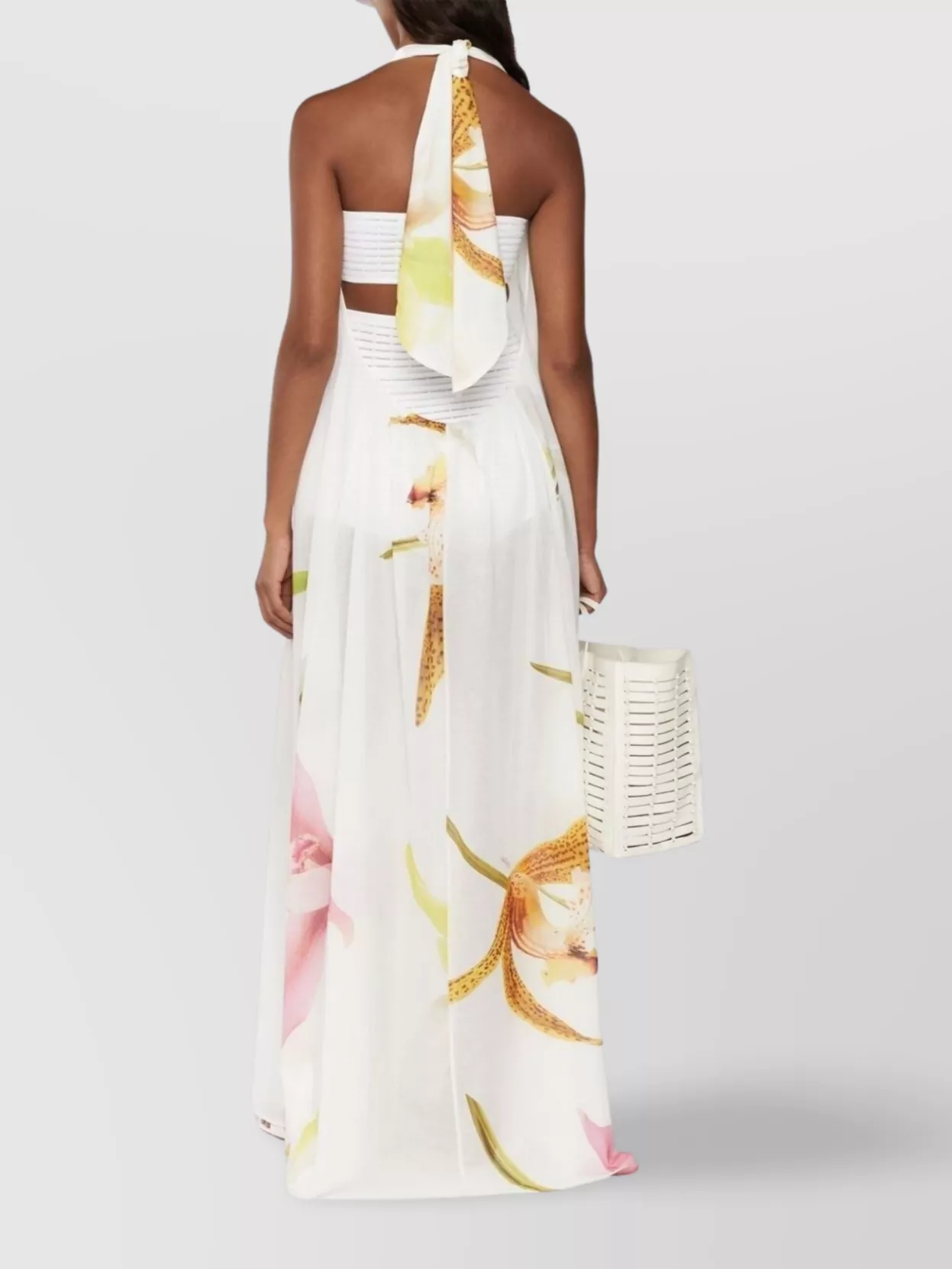 Genny Cotton Halter Neck Floral Print Dress In White