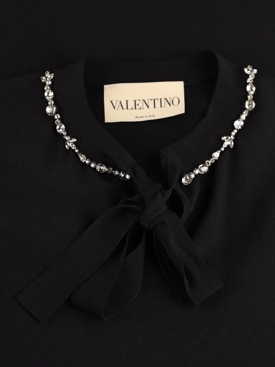 Valentino Garavani Fine-Knit Crystal-Embellished Bow-Detail Crew-Neck Short-Sleeve Flared Knee-Length Dress