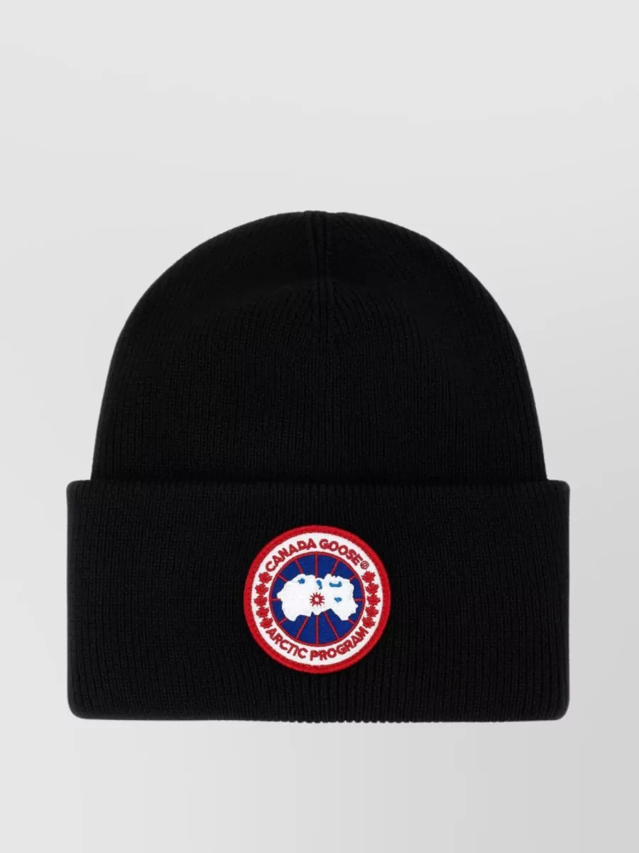 Shop Canada Goose Folded Wool Blend Beanie With Ribbed Cuff In Black