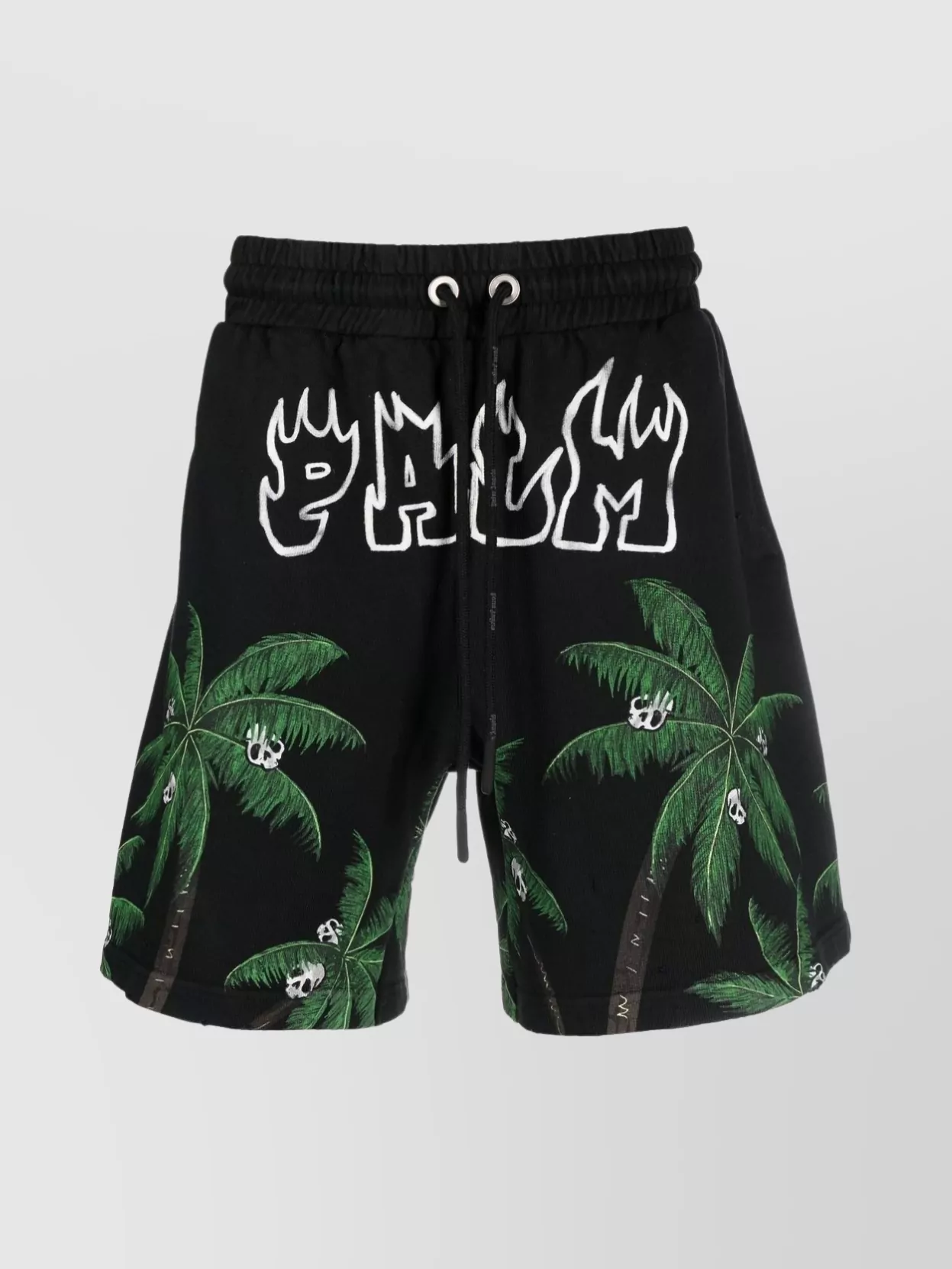 Shop Palm Angels Knee-length Elastic Waistband Shorts With Palm Tree And Skull Print