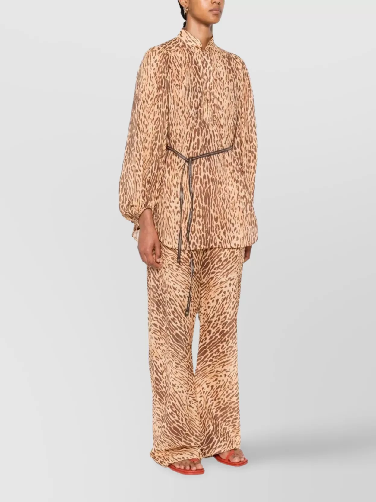 Zimmermann Cascadian Beige Tunic Dress With Stand-up Collar And All-over Leopard Print In Linen Woman In Brown