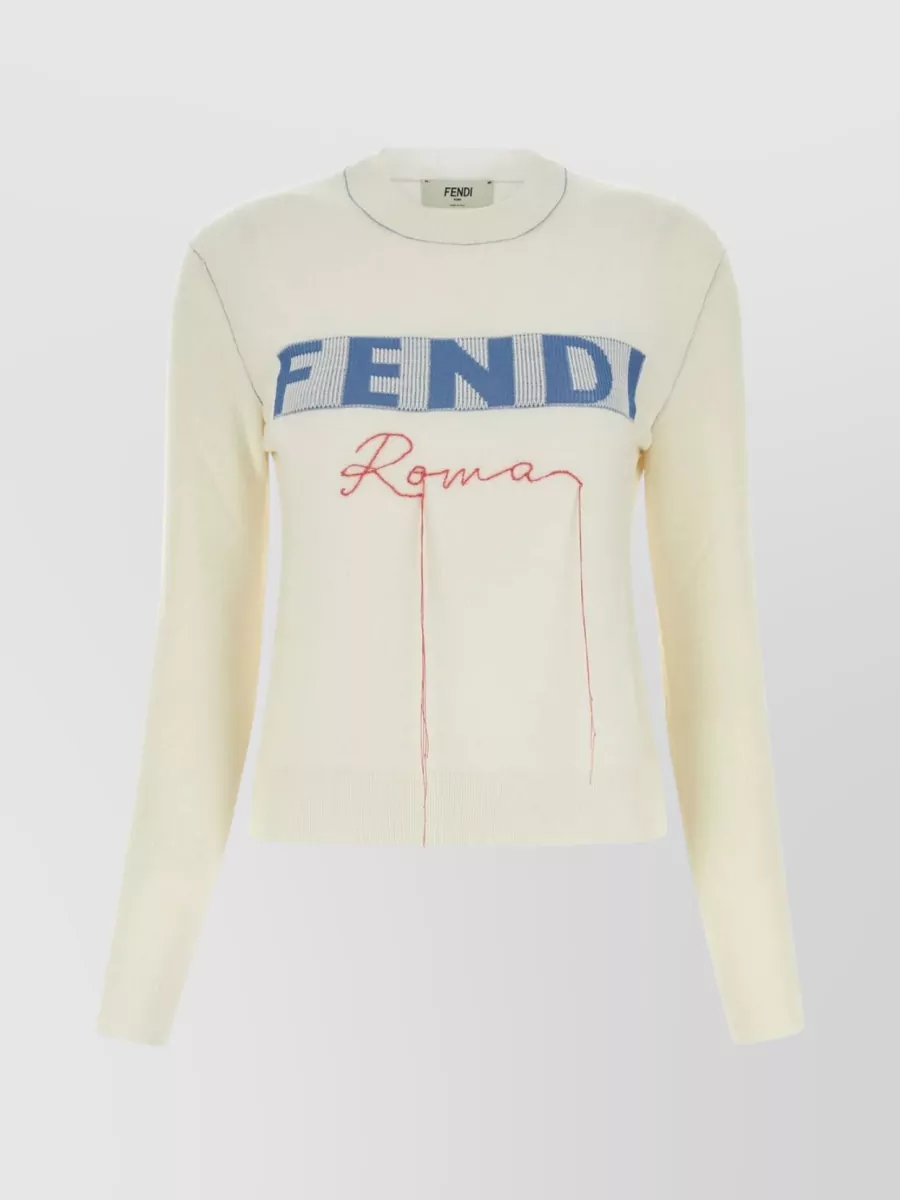 Shop Fendi Embroidered Ribbed Knit Crew In Cream