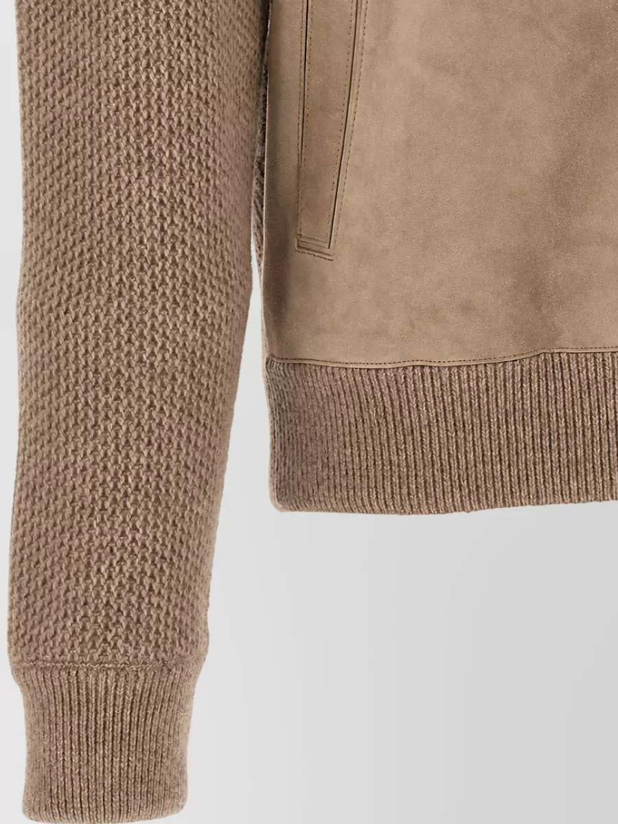 Zegna Cashmere suede panel ribbed high neck buttoned cardigan jacket