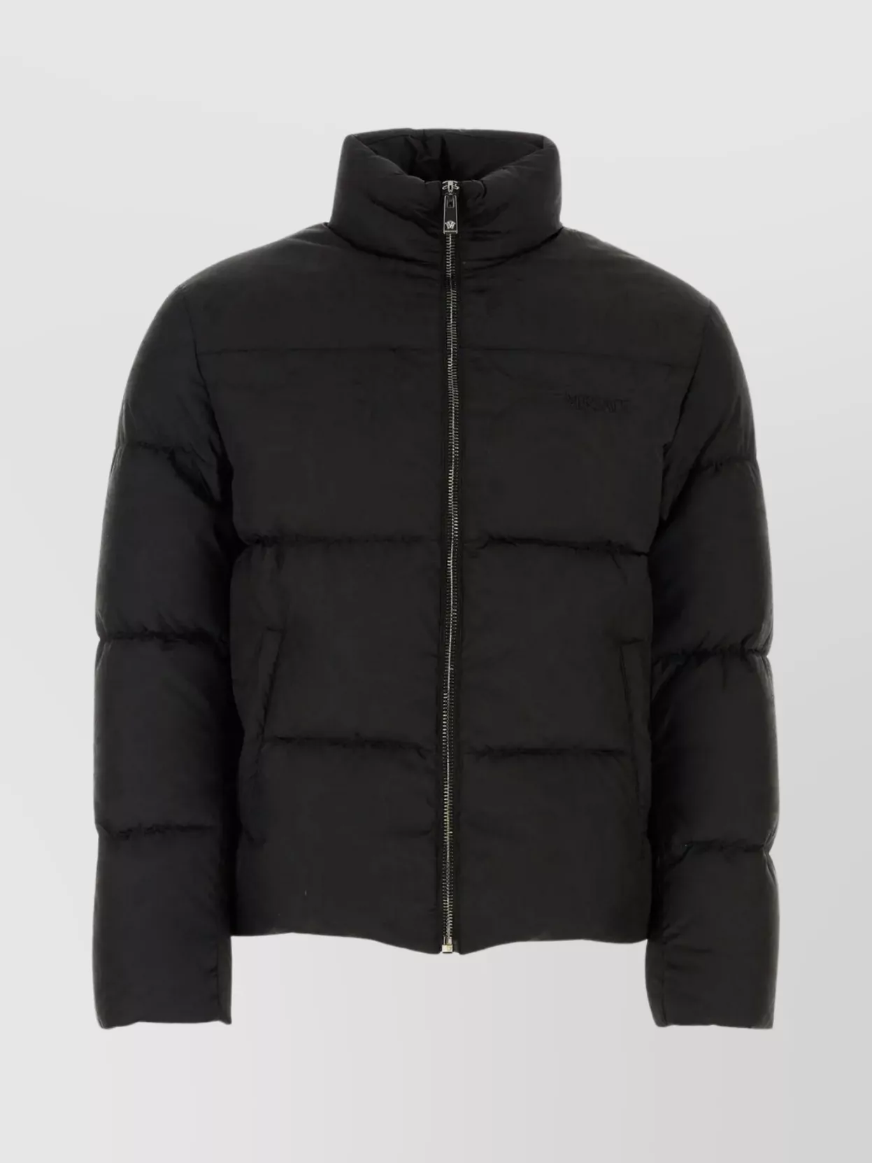 Shop Versace Nylon Down Jacket With Funnel Neck And Drawstring Hemline In Black