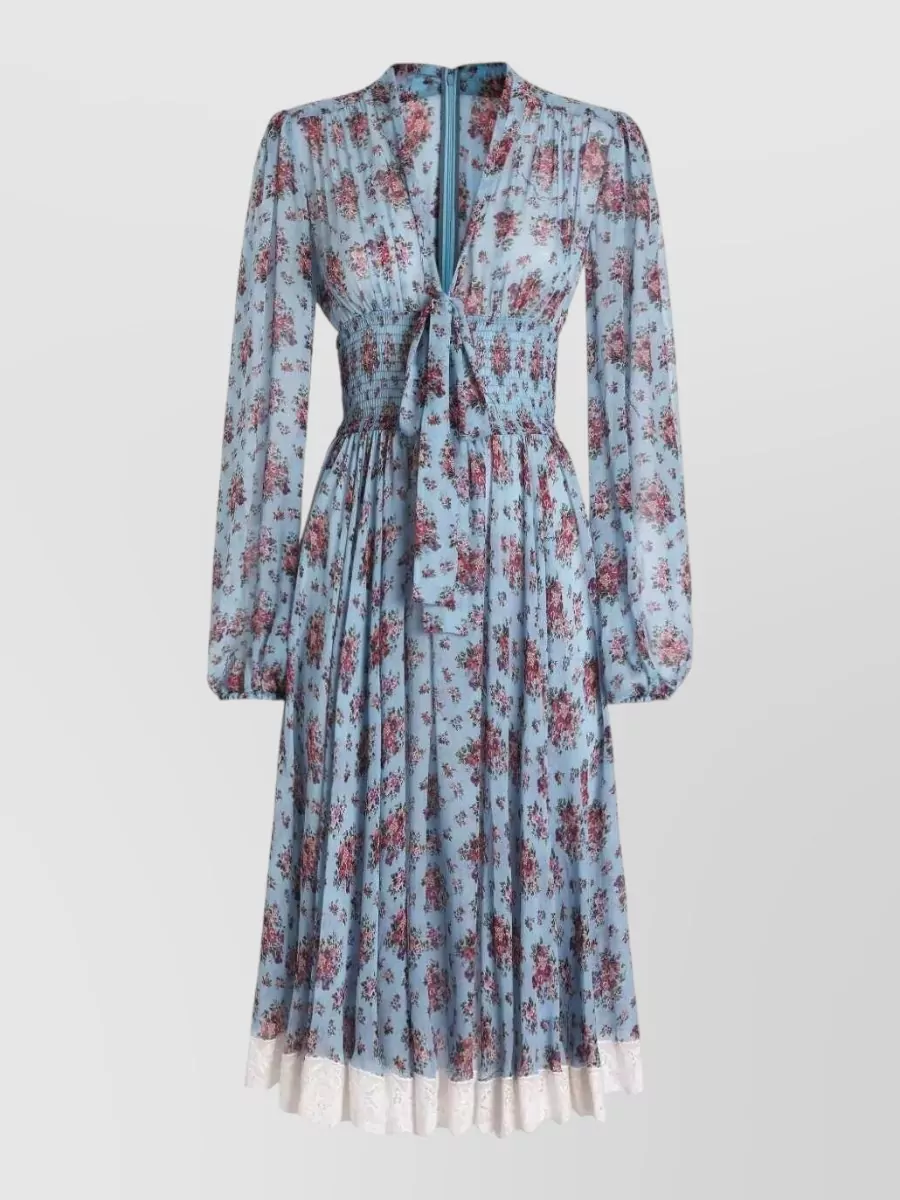 Dolce&Gabbana silk floral-print gathered knot-detail lace-trim long-sleeve midi dress