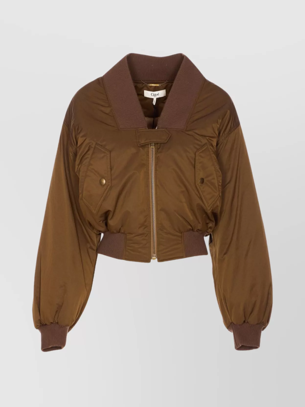 Chloé Short Ribbed Collar Snap Button Jacket In Brown