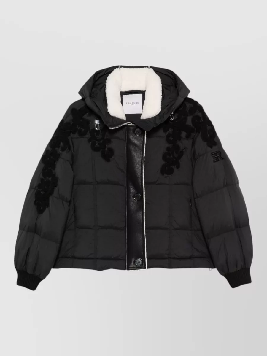 Ermanno Firenze quilted floral appliqué drawstring hood down jacket