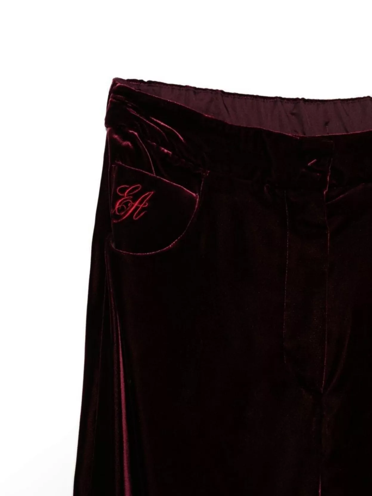 Emporio Armani Wide Leg Velvet Trousers Embroidered Detail In Burgundy