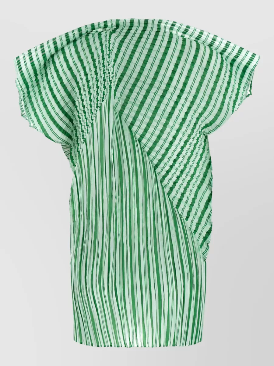 Issey Miyake striped pleated high neck short sleeve blouse