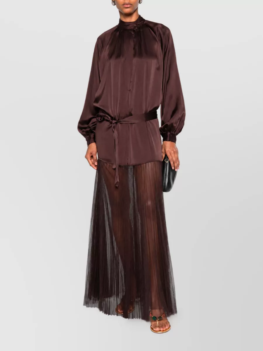 Forte Forte Silk Sheer Panel High Neck Long Sleeve Belted Long Dress