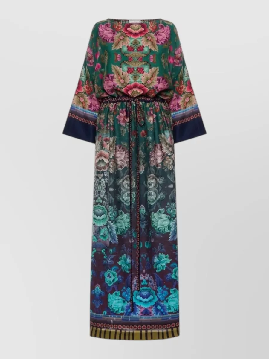 Pierre Louise Mascia Silk Floral-Print Belted Wide-Sleeve Maxi Dress