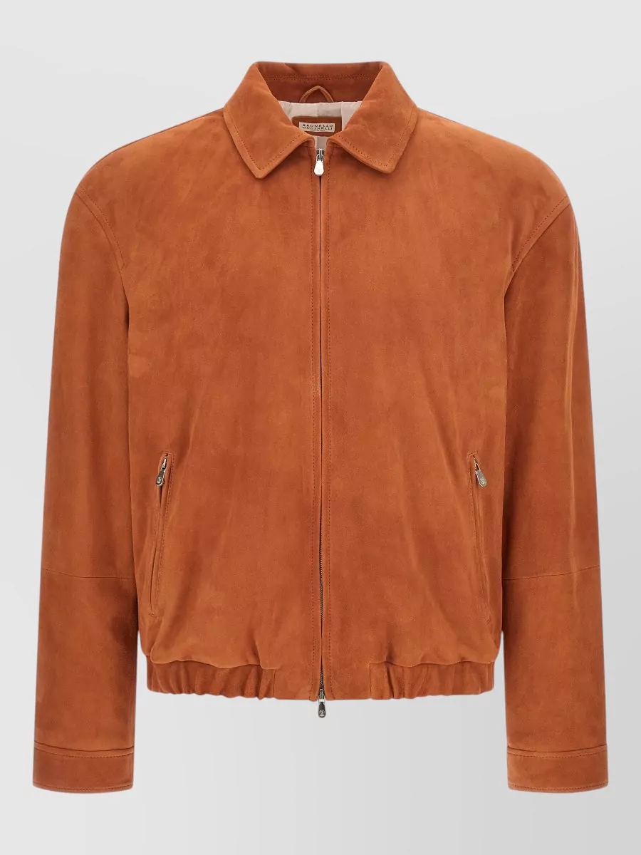 Brunello Cucinelli leather elasticated hem bomber jacket